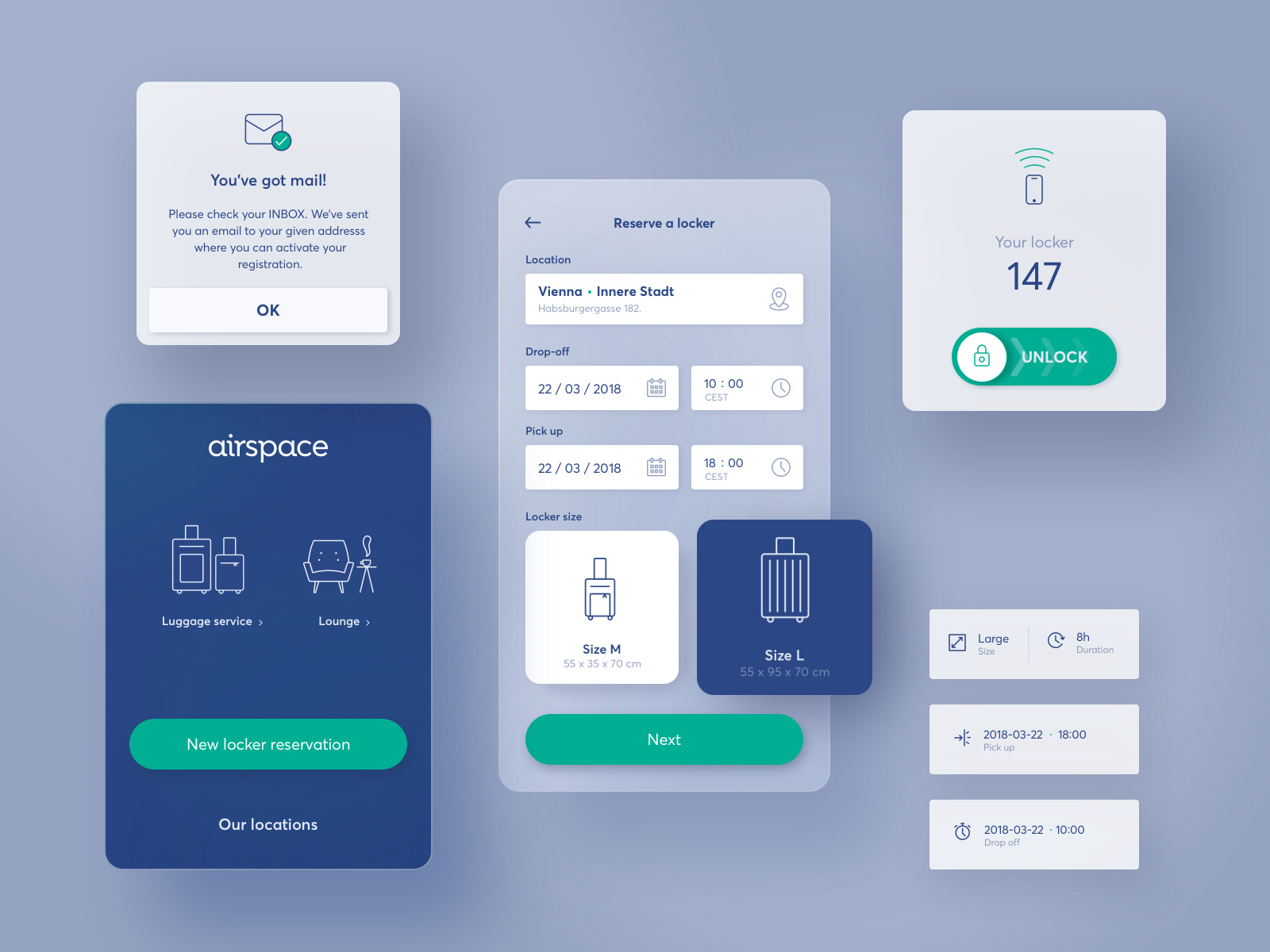 App interface for a selfservice luggage storage by Bence Husi on Dribbble
