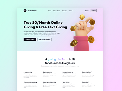 Tithe Crypto Website 3d crypto design donate illustration landing page ui web design