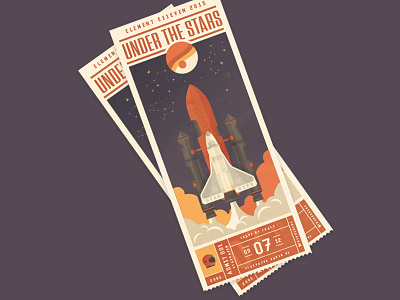 Ticket Design For Local Burn illustration orange purple rocket space spaceship stars ticket vector