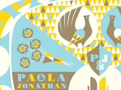 Paola & Jonathan Wedding blue brown design dove illustration wedding invite yellow