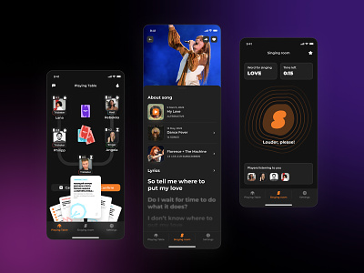 Online Board Game "Sing" — Dark Mode app ui board game branding cards game floating ui florence florence and tme machine game game ui graphic design logo player song recognition ui