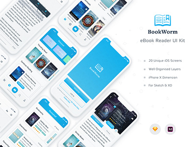 BookWorm eBook Reader UI Kit adobe adobexd app branding design font kit mousecrafted resource sketch sketchapp template ui ux xd