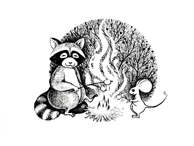 Inktober 2020 #2 bonfire childrensbookillustration cuteartwork cuteillustration fire illustrationforkids illustratorsondribbble inkart inktober inktober2020 inktober2020wisp inktoberwisp marshmallow mouseillustration naturedrawing pendrawing raccoon raccoondrawing raccoonillustration whitemousedrawing