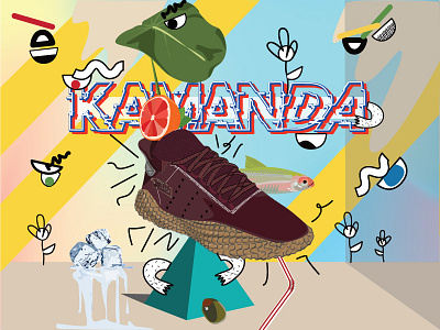 A Kamanda World adidas advertisement concept doodles fish font gradient ice illustration iridescent leaf sneakers straw