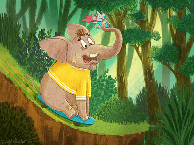 Jim and Tim skateboarding together 2d animals art artist cartoon character character design childrens book illustration digital art digital painting drawing dribbble elephant illustration mouse