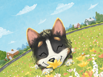 Mmmm... these flowers smell soo good! character character design children book illustration childrens book digital painting dog illustration kidlit kidlitart picture book