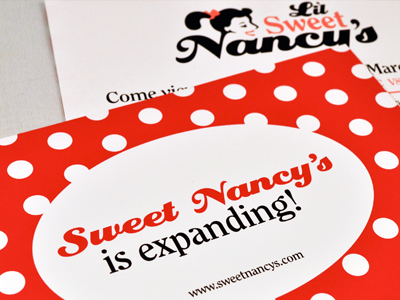 Sweet Nancy's bags banners business cards display signage exterior signage gift certificates hangtags interior design interior signage logo magazine ads newspaper ads postcards posters stickers window displays window graphics