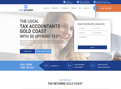 Home Page of taxguard.com.au accountant website blue branding dark blue tax tax website ui design ui development web design web design and development wordpress