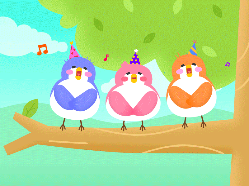 Forest Trio🐥🐥🐥🎉 2d animation aftereffects animation bird celebrate character congratulations cute design fanfare illustration loop motiongraphics sing vector