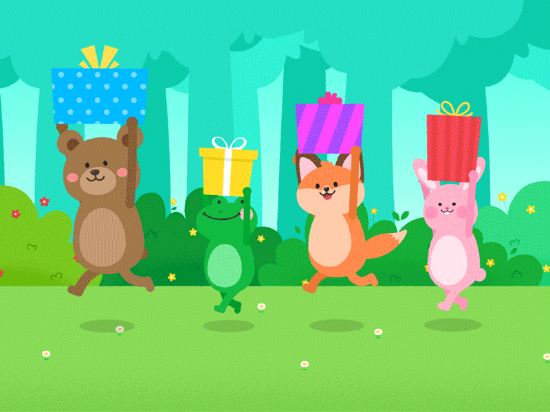 Party Time!🎉🎁 animation bear character cute cycle forest fox frog gift illustration loop motiongraphics rabbit run