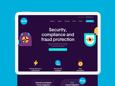 BNA - Security Landing Page compliance corporate data encryption eye fintech fraud landing page lock mobile payments nfc payments protection responsive security server ui vision web design