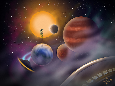 Out of my space galaxy illustration planets spaceship telescope
