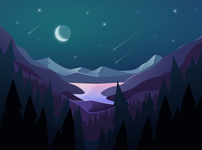 Mountains at night drawing illustration lake lanscape meteor minimalist moon mountain nature night nightscape sky space star texture water