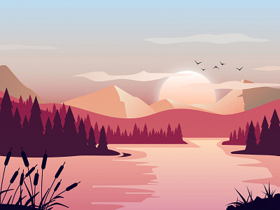 Mountain lake ambiant design graphic design illustration lake lansdcape mountain nature sky sun sunset vector water
