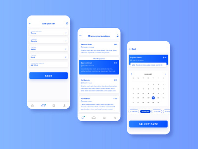 Car Washing App UI android button calender car car service car washing app cleaning services design dropdown hompage ios mobile app package price schedule ui ux washing
