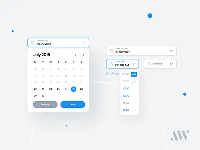 Day & Time Picker | Anywhere DS anywhereworks calendar calendar design calendar ui clean components date date picker datepicker design design system events input product design schedule time time picker timepicker ui ux