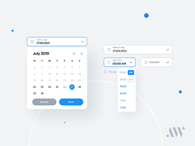 Day & Time Picker | Anywhere DS anywhereworks calendar calendar design calendar ui clean components date date picker datepicker design design system events input product design schedule time time picker timepicker ui ux