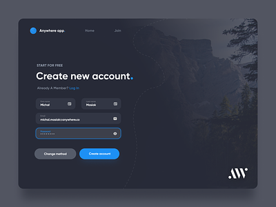 Login & Sign up - Dark Mode | AW Universal Page account anywhereworks clean create account dark dark mode design forgot password form interface login login form login page product design register sign in sign up ui ux web