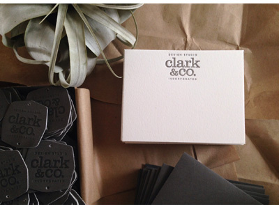 Clark & Co. Letterpress Pieces branding business card design studio letterpress logo stacked type stationery tag warm gray wordmark
