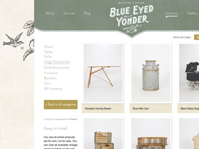 Blue Eyed Yonder Inventory Page aged chic rentals retro texture vintage website