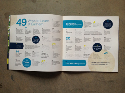 Earlham Viewbook, printed chart college dots indiana infographic learning viewbook