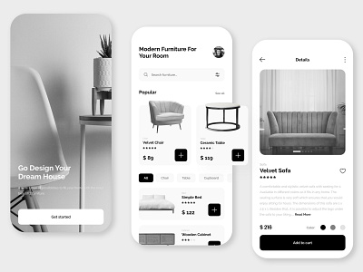 Phurry 🪑 - Furniture App adobe xd app design black white clean design e commerce finance furniture graphic design illustration mobile money ui ux