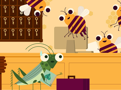 ╰[ ⁰﹏⁰ ]╯ bee bees bugs character character design childrens illustration education educational grasshopper hotel illustration illustrator insects kidlit kidlitart vector