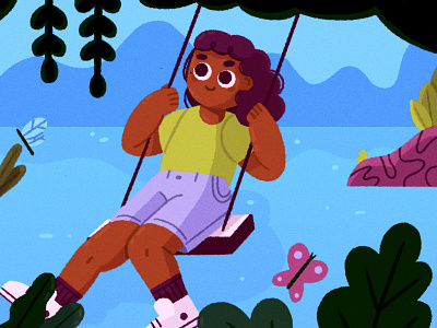 ヽ║ ˘ _ ˘ ║ノ character character design child curly hair girl illustration illustrator jungle kid kidlit kidlitart mountains swing texture vector water