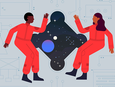 ᕕ( ◔3◔)ᕗ astronauts character character design coding constellations developer google illustration illustrator outer space planets rocket space space travel space walk spaceship stars userflows vector