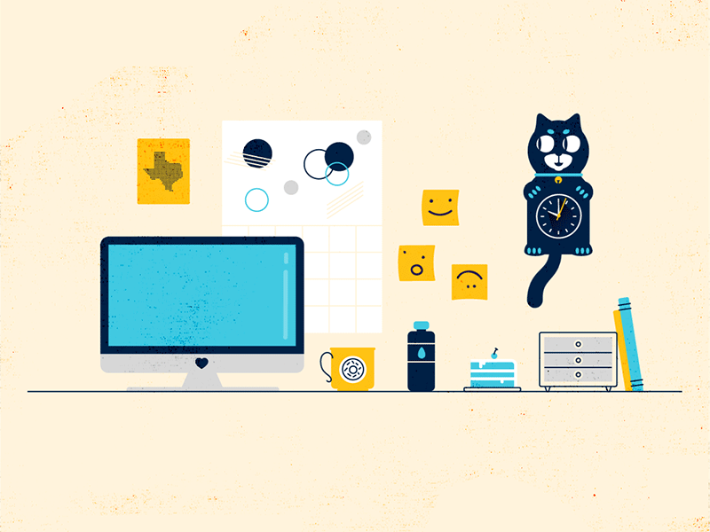 Workspace after effects cat clock coffee desk desktop illustration textured vector workspace