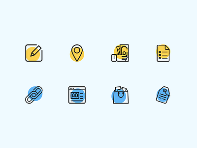 Cobiro - Create and Connect icons advertising blue cobiro create creative design document iconography icons icons pack iconset illustration link location money rebranding shopping tag vector yellow