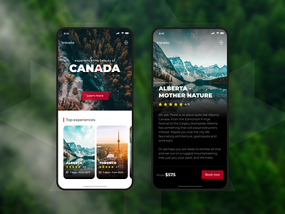 Canada Travel App 🇨🇦🌲 alberta app blue creative design green hiking nature rating red toronto travel travel agency travel app traveling travelling trees typography ui ux