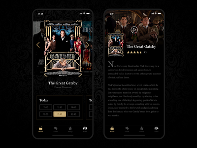 The Theatre App 🎭 app black black white booking brandidentity branding creative design gold luxury movie app movies rating theatre ui ux