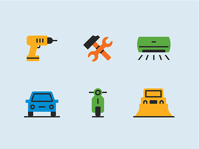 Noise Regulation Icons air conditioner car construction design flat geometric icon illustration loud noise regulations simple snow removal sound truck vehicle