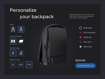 Pleatpack (UI/UX, e-commerce) backpack city ecommerce modern order personalize shop site ui uiux urban ux web webdesign