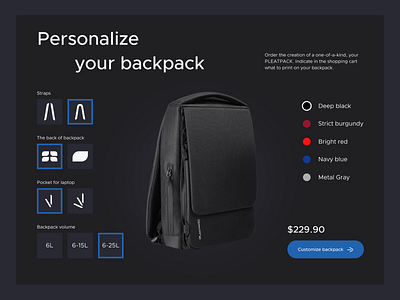 Pleatpack (UI/UX, e-commerce) backpack city ecommerce modern order personalize shop site ui uiux urban ux web webdesign