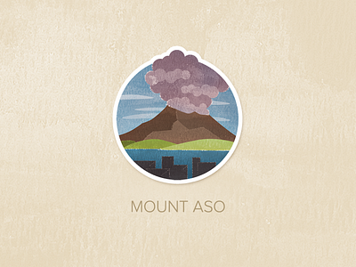 Day Thirteen: Mount Aso badge icon illustration painted pin textured watercolour