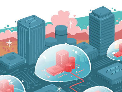 Microchip City cityscape electronics futuristic illustration landscape retro security tech textured