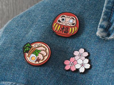 Ramen, Daruma, and Sakura Pins culture cute enamel pins flowers food illustration japan japanese nature pins ramen symbol