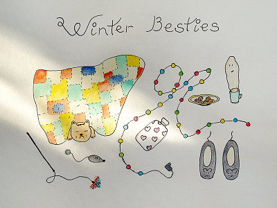 Winter Besties cacao cat christmas lights colored pencils drawing hand drawing illustration painting sketching slippers watercolor winter