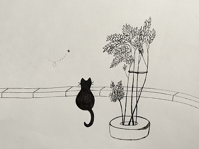 Backyard inkwork cat doodle fly hand drawing illustration ink pen sketch sketchbook summer tree