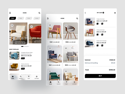 Furniture Store App app designer chair checkout clean ui dribbbleweeklywarmup ecommerce app figmadesign furniture app furniture store interaction design ios app ios app development minimalist mobile app design user interface design