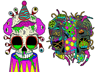 Clown and Alien Skulls art artist artwork colour colourful colours design digital digital illustration digitalart draw drawing illustrate illustration illustrator monster pattern patterns skulls work