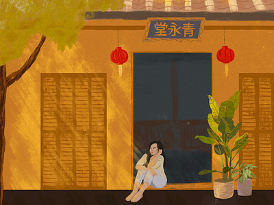 Eternal Youth asia asian design digital painting girl green illustration painting plant woman yellow
