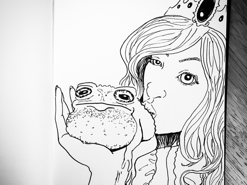 Selfie with the prince daily sketch drawing fantasy ink drawing magic princess and toad princess kiss selfie sketch toad prince true love