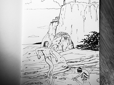 Chilling by the beach art beach daily sketch drawing ink drawing mayan relaxing rock pool sketch tulum