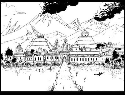 The town at the foot of volcanoes daily sketch drawing illustration ink drawing sketch