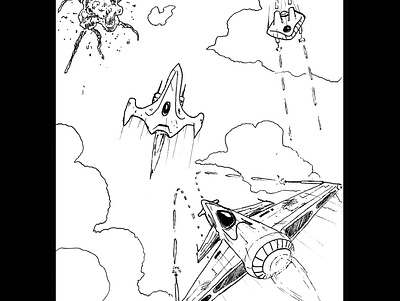 Spaceship fight daily sketch drawing illustration ink drawing sketch