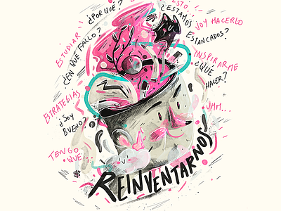 Reinventar art artist black boy brain character design digital art drawing frase idea illustration lettering monster mouse pink