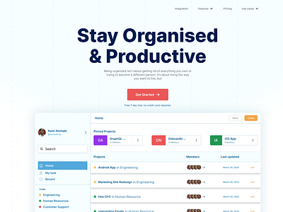 Landing page for project management software